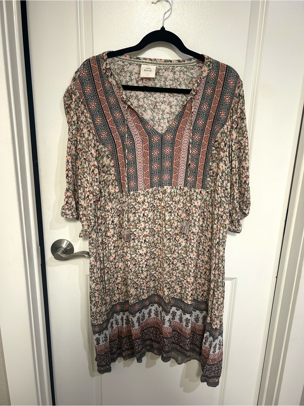 Knox Rose Floral Boho Peasant Tunic in Green and Pink